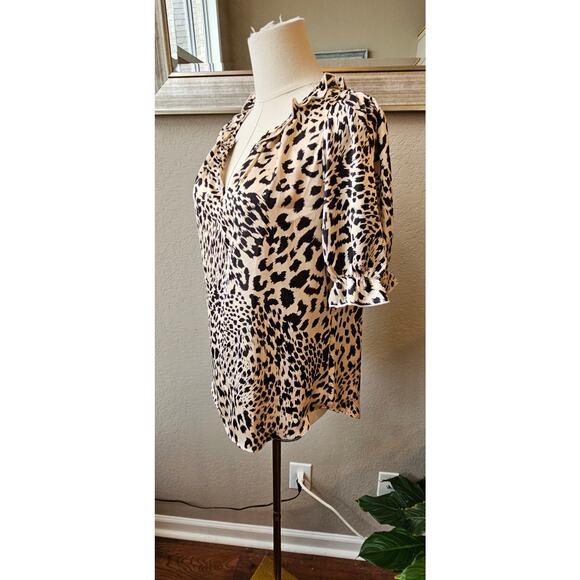 HAVER London Leopard Print Ruffle Satin‎ Pullover Blouse Women Size SP Tan Black - Picture 2 of 4